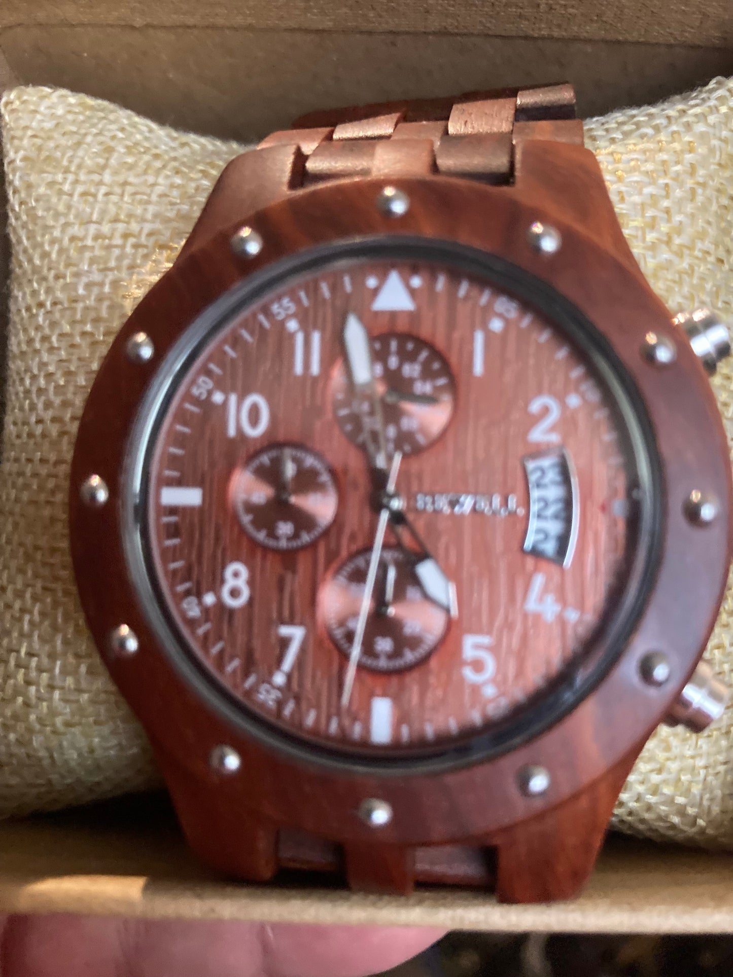 2. Holz Chronograph Uhr Rot sandelholz  breite 46mm armband breite 26mm