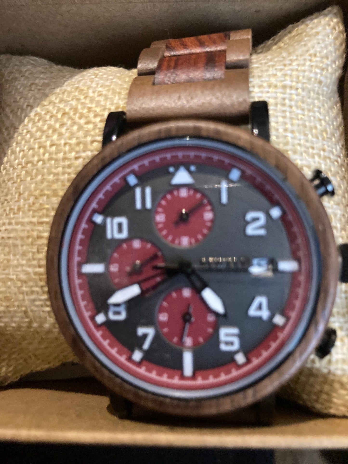 3. Holz Chronograph Uhr Schwarz walnuß und rot sandelholz  breite 43mm armband breite 20mm